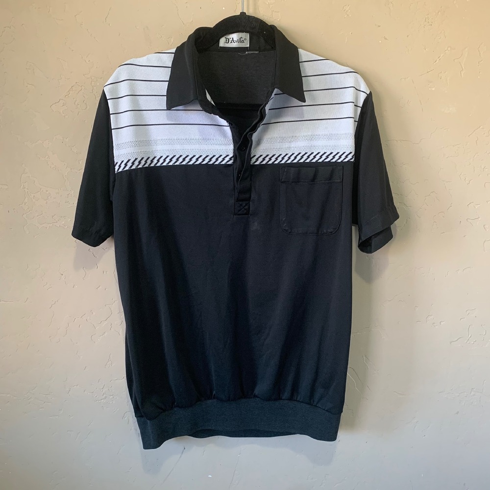 Men's D'Avila One Pocket Polo Shirt Black White Stripes Design Sz Medium
